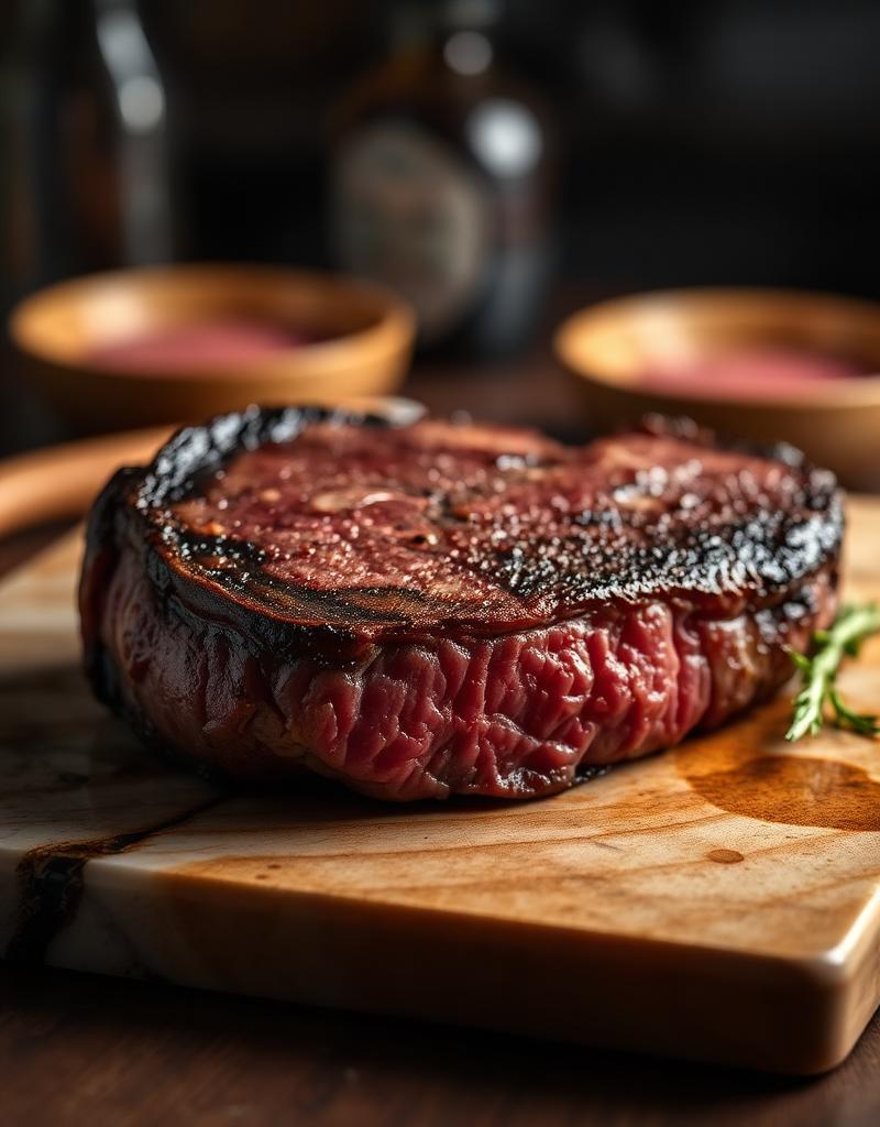 Premium marbled ribeye steak on a marble butcher block