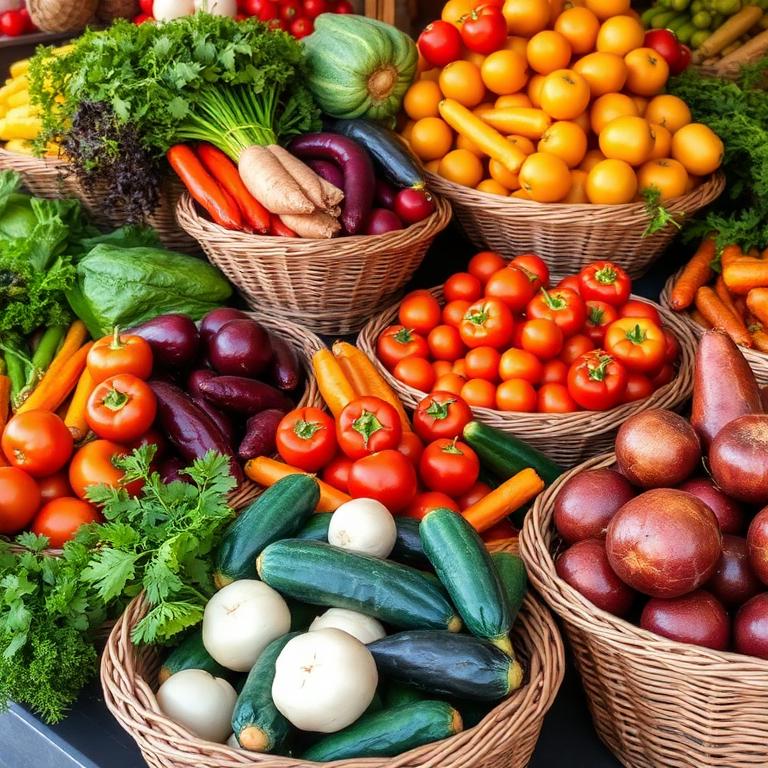 Vibrant seasonal produce in woven baskets