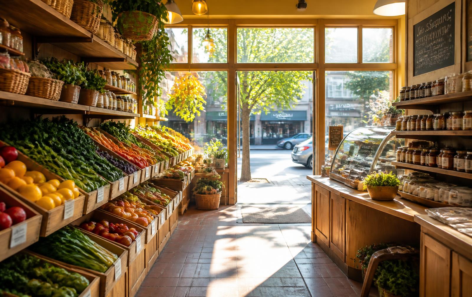 Sunlit interior of The Place grocery store with fresh produce
